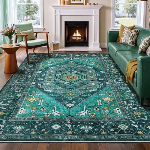 SERISSA Washable Rugs 6x9 Area Rugs, Large Non-Slip Boho Living Room Teal Rug, Ultra Soft Vintage Print Distressed Oriental Tribal Farmhouse Carpet for Dining Room Bedroom Dorm Office Home Decor