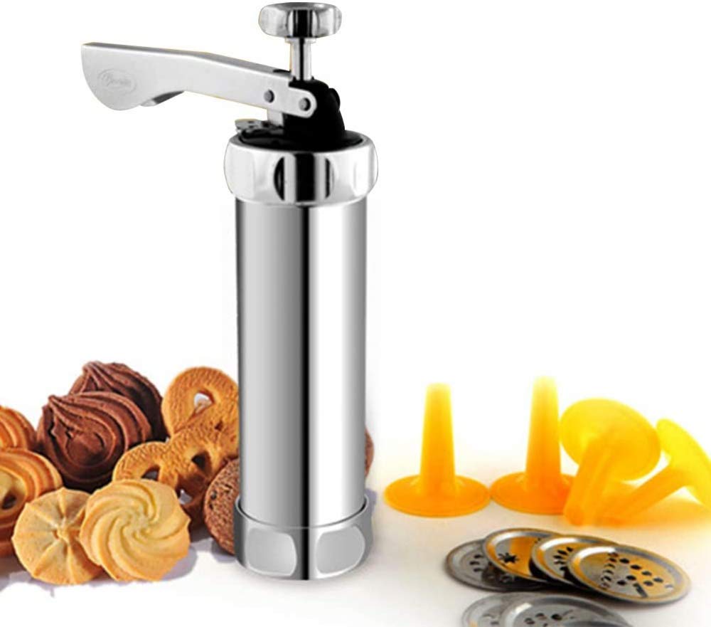 Ensemble de presse à biscuits, ensemble de biscuits en métal Ensemble de biscuits de qualité alimentaire avec 20 tranches et 4 embouts de glaçage, facile à cuire, facile à vivre, argent