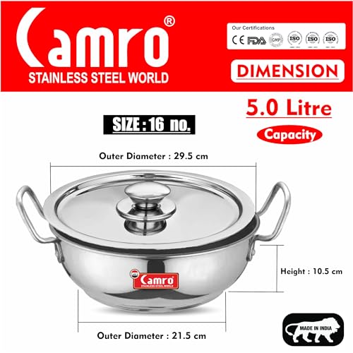 Image of Camro Non Stick Kadhai with Lid (16 No, 5 Liters) | Stainless Steel Kadhai | Gas Stove Compatible | Dishwasher Safe | 15+Years of Innovation and Quality