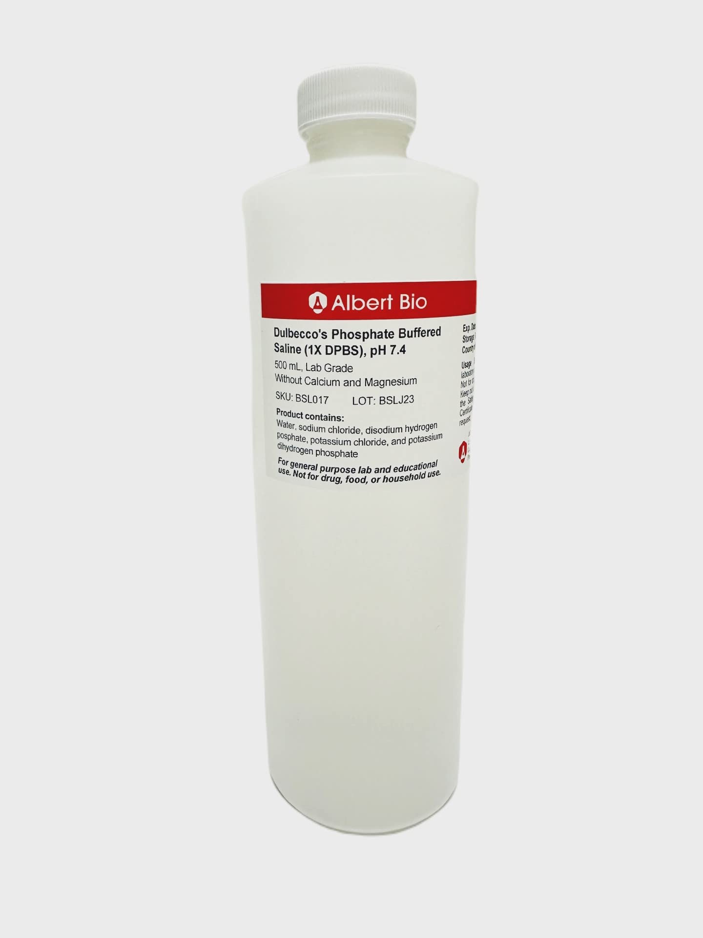 Dulbecco's Phosphate Buffered Saline (1X DPBS), Without Calcium and Magnesium, pH 7.4, 500 mL, Lab Grade