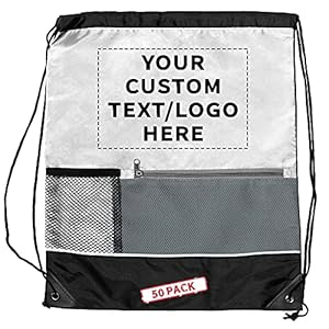 DISCOUNT PROMOS Custom Front Pocket Drawstring Backpacks Set of 50, Personalized Bulk Pack – Reusable Bags, Lightweight Backpacks, Sports Drawstring Bags, Promotional Drawstring Bags – White