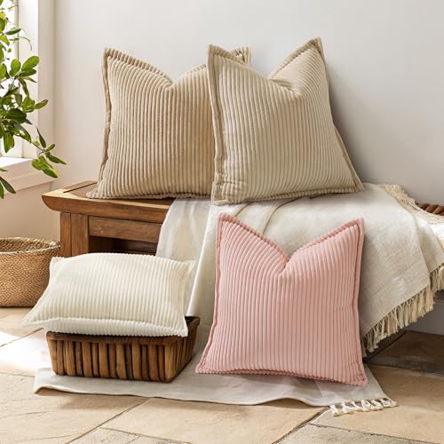 decorUhome Corduroy Pink Throw Pillow Covers 26x26 Set of 2 Decorative Soft Boho Striped Neutral Euro Farmhouse Couch Pillow Cases with Broadside for Living Room Bed Sofa