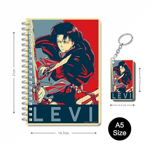 Image of CRAFT MANIACS ATTACK ON TITAN LEVI CLASSIC RED & BLUE PRINTED A5 160 RULED PAGES NOTEBOOK & FREE KEYCHAIN BEST GIFT FOR AOT LOVERS