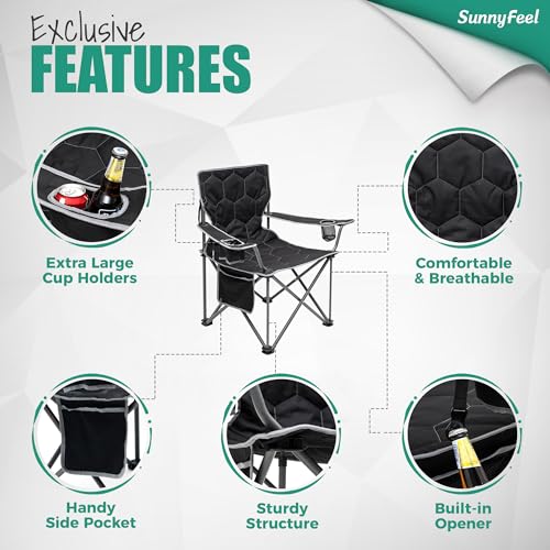 Image of SUNNYFEEL Camping Chairs for Adults, Padded Oversized Camping Chair Heavy Duty 500LBS, Portable Lawn Chair with Cup Holder, Side Pocket&Bag for Outdoor Camping /Beach /Picnic /Fishing, Black