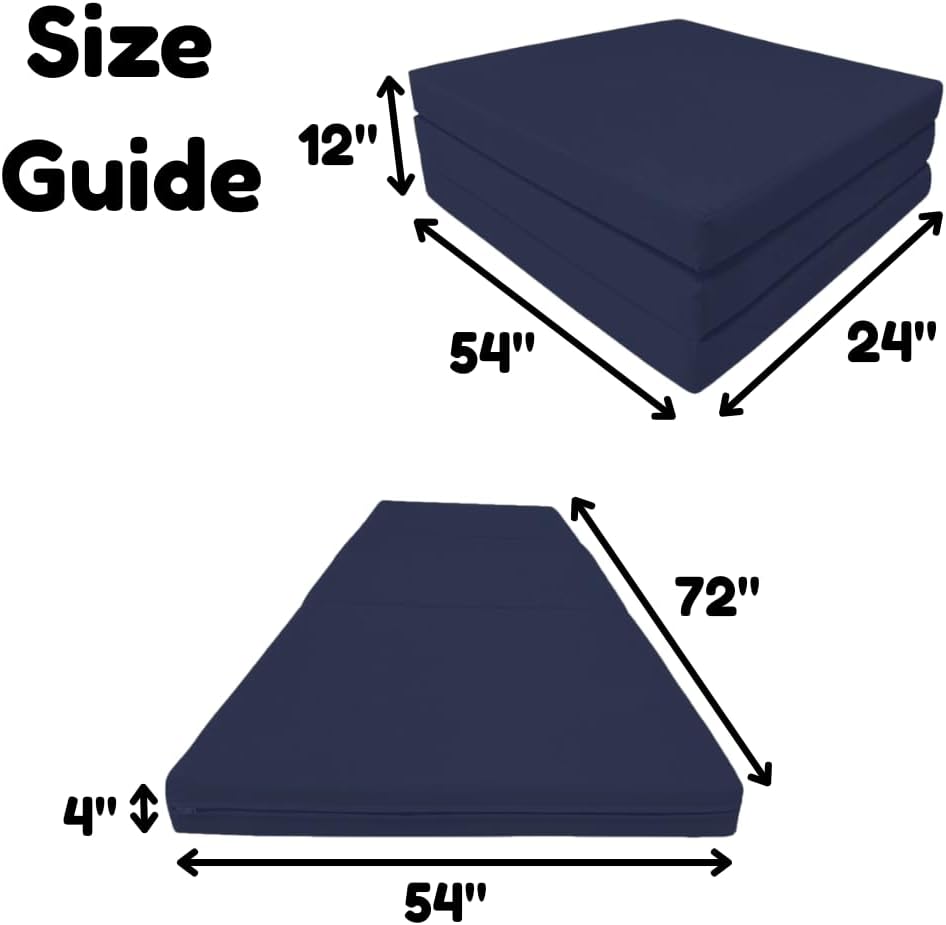 FoamRush Tri-Fold 4-Inch 54" x 72" Bunk RV Mattress Replacement, High Density Foam with Water Resistant Canvas Navy Cover with Zipper, Foldable, Suitable for Camping, Road Trip, Frim