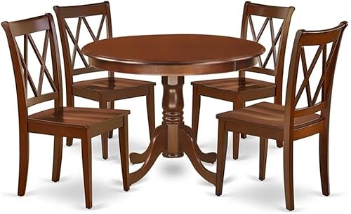 East West Furniture HLCL5-MAH-W - Juego de mesa de cocina de 5 piezas para 4 personas, incluye una mesa de comedor redonda con pedestal y 4 sillas