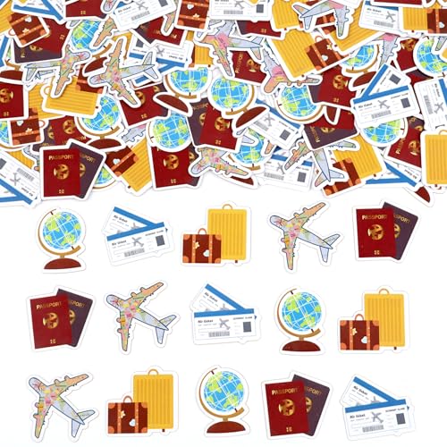 JOYMEMO 200pcs Travel Theme Confetti, Plane Luggage Globe Printed Paper Scatters for Boy Girl Traveling Birthday Baby Shower Decorations, Retirement Adventure Theme Party.