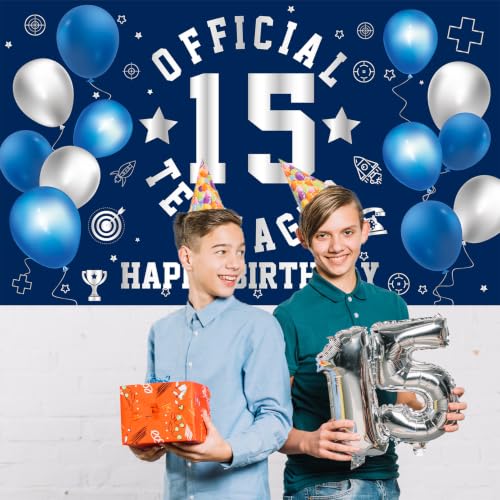 Image of 15th Birthday Decorations for Boys, Happy 15th Birthday Banner Backdrop | Large Official Teenager 15th Backdrop15 Year Old HBD Party Decorations Supplies Blue Silver