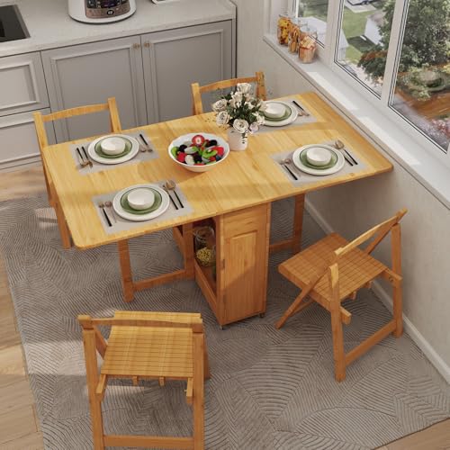 Folding Dining Table Set for 4 with Foldable Chairs, Bamboo Crafted Dining Room Furniture Sets, Drop-Leaf Design Dinette with Storage, Saver 80% Kitchen Space, No Assembly Required (Wood Color)