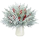 FUNID 40 PCS Christmas Artificial Snow Pine Branches with Berry Stems,14' Faux Norfolk Pine Branches Faux Greenery Picks for Christmas Vase Filler Garland Home Decorations