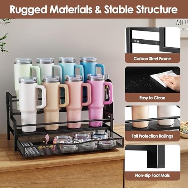 Water Bottle Organizer for Full Stanley 40 oz Tumbler with Handle, 2 Tier Tumbler Organizer for 8 Cups, Kitchen Pantry Organizers and Storage for Owala Stanley Cup Accessories, Black