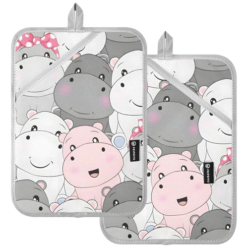 Juego de 2 agarraderas y guantes de horno personalizados Happy Hippos resistentes al calor para utensilios de cocina