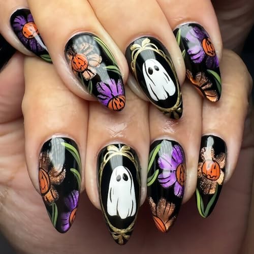 Halloween Press on Nails Medium Almond Fake Nails Pumpkin Floral Ghost Nail Art Design Glossy Acrylic False Nails Full Cover Stick on Nail Artificial Glue on Nails for Women 24Pcs