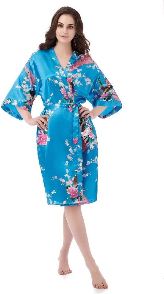 Kimono Robes for Women Floral Peacock Short Silk Bridesmaid Robes Wedding Party