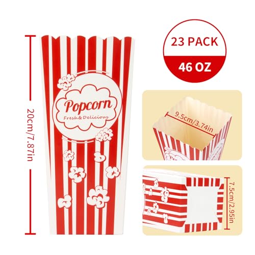 MAQIHAN 23 Popcorn Boxes Bucket Bulk - 46oz Disposable Popcorn Containers Cups Sleeves Stand Bags Holder Individual Movie Night Supplies Pop Corn Machine Bar Buckets for Party Movie Theater