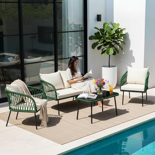 Image of DEVOKO Verde Outdoor Rope 4-Seater Sofa Set with Glass Top Table & Water-Repellent Cushions, Durable Metal Frame, Handwoven Furniture Perfect for Garden, Patio, Pool Deck & Balcony(Green & Off-White)