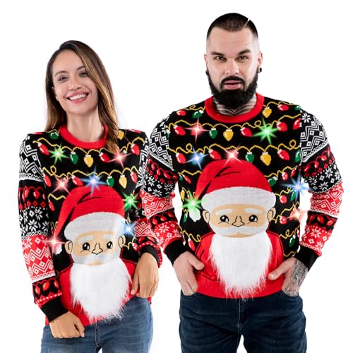 U LOOK UGLY TODAY Men's Ugly Christmas Jumper Funny, Cool LED Fairisle Xmas Sweater Top - Santa Shine