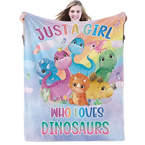 Domgoge Just a Girl Who Loves Dinosaurs Blanket Cute Dino Throw Blankets Gifts for Girls Kids Warm Soft Plush Lightweight Flannel Fleece All Season Couch Sofa