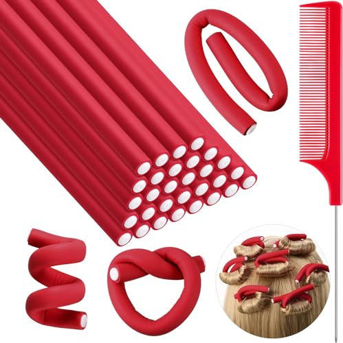 SHAPEPOTY 30 Stück Flexible Lockenstab Twist Schaum Lockenwickler Weich Schaum Keine Hitze Lockenwickler und 1 Stahl Rattenschwanz Kamm für Damen Mädchen Lang und Kurz Haar (24 * 0.8CM, Rot)