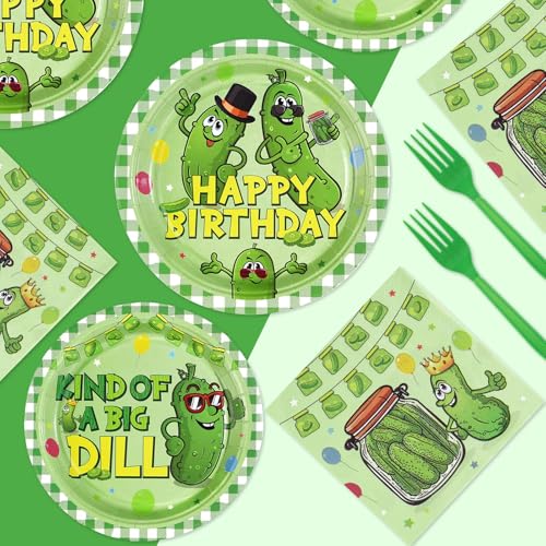 Image of Grencian 96Pcs Pickle Birthday Party Decorations, Serves 24 | Kind of a Big Dill Pickle Plates and Napkins Pickle Baby Shower Tableware Set for Funny Cute Dill Cucumber Theme Supplies