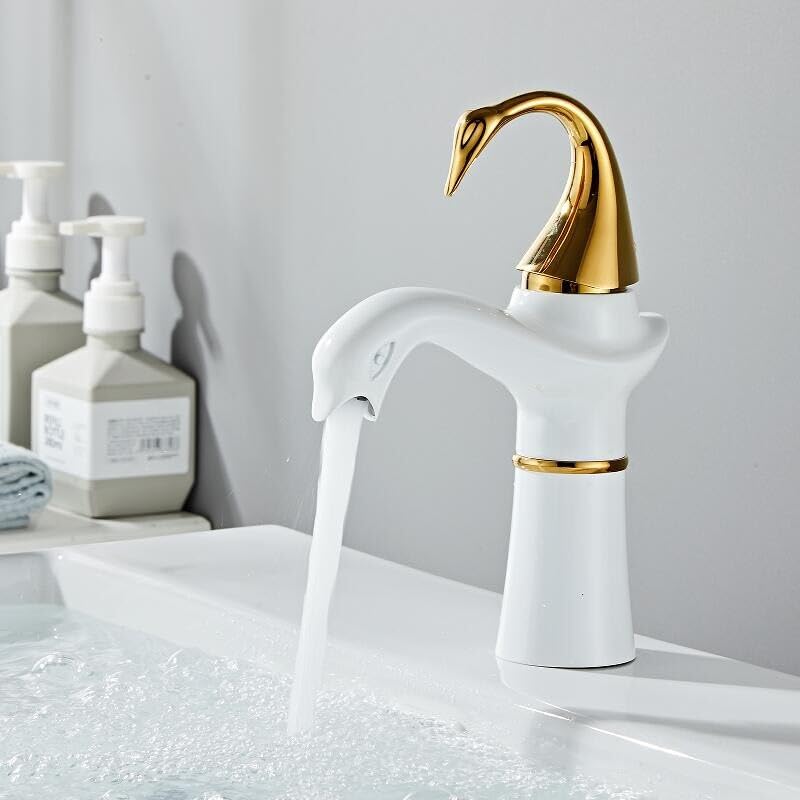 Robinet de lavabo laiton blanc or mitigeur salle de bain design cygne chaud froid