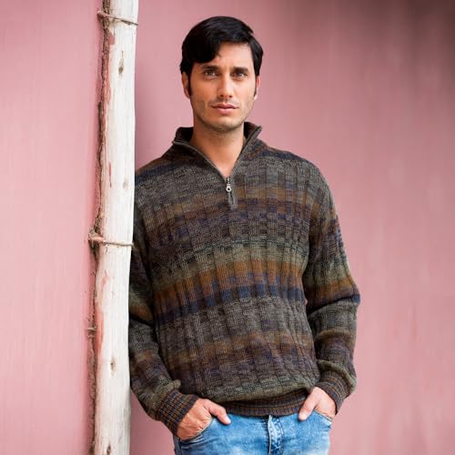 NOVICA Handcrafted Men's Peruvian Alpaca Wool Cardigan with Zipper Multicolor Pullovers, Patterned Knit 'Traveler'2