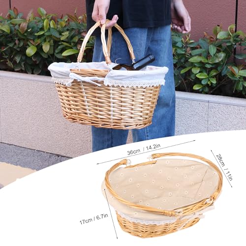 Large Multipurpose Wicker Basket with Handle, 14.2 x 11 x 6.7 Inch Wicker Picnic Basket with Liner, Empty Gift Basket, Oval Willow Woven Basket for Fruit, Wine, Gathering, Wedding, Picnic,by GNIEMCKIN - Thumbnail 2