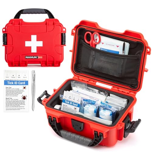 Image of NANUK 903 - Small Waterproof First Aid Kit 78pcs - Pre-Stocked First Aid Emergency Kit with Bandages, Tick Removal Tool, and More - Dustproof, Impact-Resistant, Floats (7.4 inch x 4.9 inch x 3.1 inch) - Red | Dustproof and Crushproof Hard Case, 78-Piece Pre-Stocked Kit, Interior 7.4 X 4.9 X 3.1, Floats