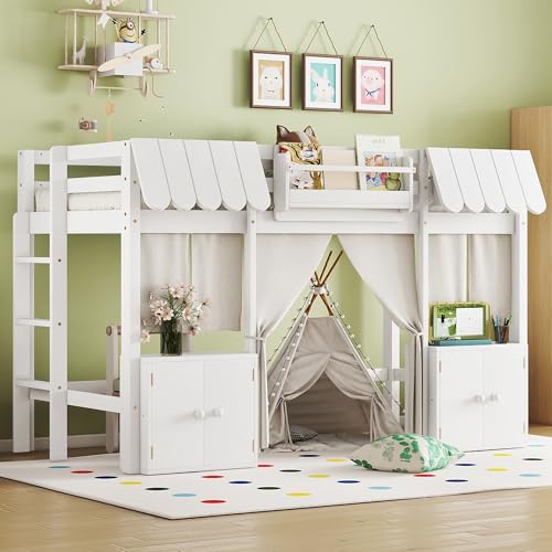 Image of Bekeknlny Twin Loft Bed with Built-in Bookshelf, Curtain, Storage Shelf and Amusement Park-Inspired Playful Design Safety Guardrails, Fairy Tale Cottage Kids Bed (White6, Twin)