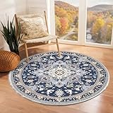 OPPODREAM Round Rug 4ft, Washable Circle Rug 4ft with Non Slip Backing Play Room, Low-Pile Carpet 4 ft, Small Faux Cashmere Throw Carpet, Navy Blue & Gold