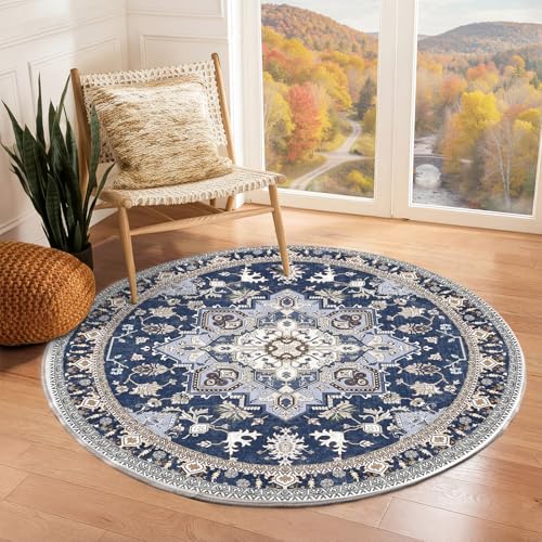 OPPODREAM Round Rug 4ft, Washable Circle Rug 4ft with Non Slip Backing Play Room, Low-Pile Carpet 4 ft, Small Faux Cashmere Throw Carpet, Navy Blue & Gold