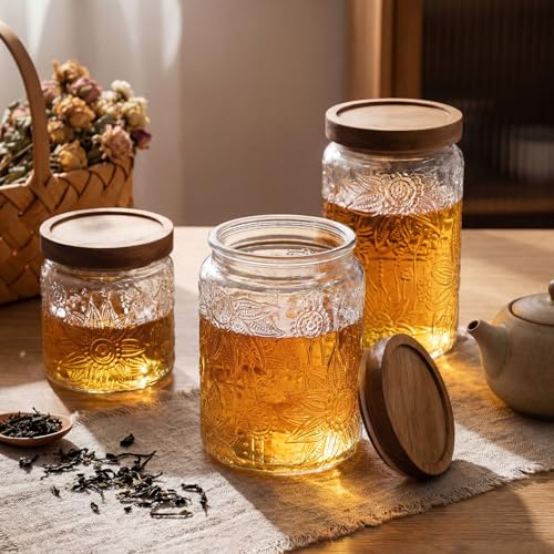 Image of Suclain 5 Pcs Sunflower Vintage Glass Jars Airtight Lid 17 /24 /34 oz, Round | Glass Containers, Decorative Jars Bamboo Lids, Storage for Food Kitchen Counter Pantry Sugar Flour Coffee Tea Candy Oats