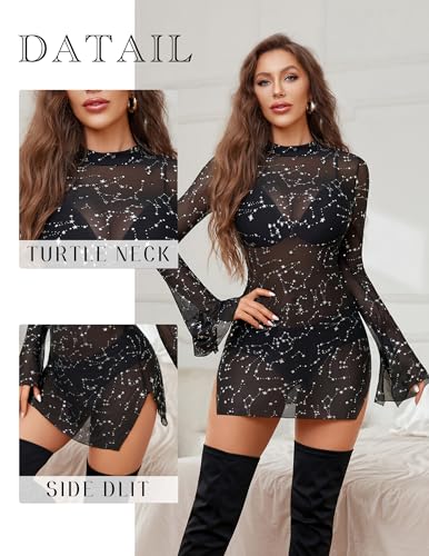 Image of Avidlove Mesh Mini Dresses for Women Bell Sleeves Bodycon Turtle Neck Split Lingerie Dress Vacation Party Outfits Clubwear