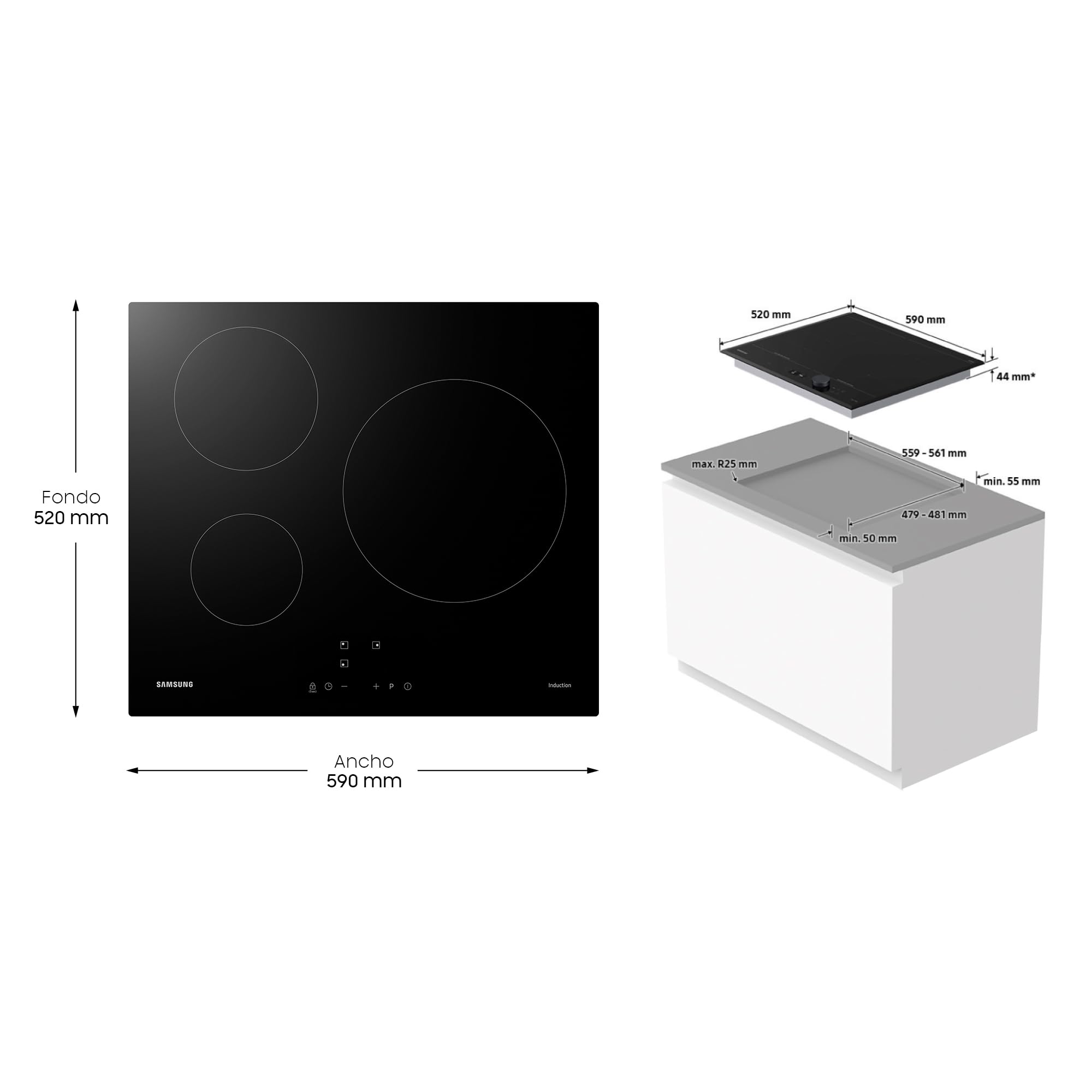 Samsung NZ63M3NM1BB/UR - Placa inducción 3 zonas de cocción | 3 zonas de cocción, Zona de cocción con 28 cm de diámetro, Detector automático de recipientes, Bloqueo de seguridad infantil