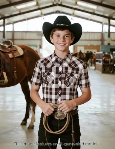 Image of COSLAND Boy's Toddler Cotton Western Short Sleeve Button Down Plaid Shirt, 4-14 Years