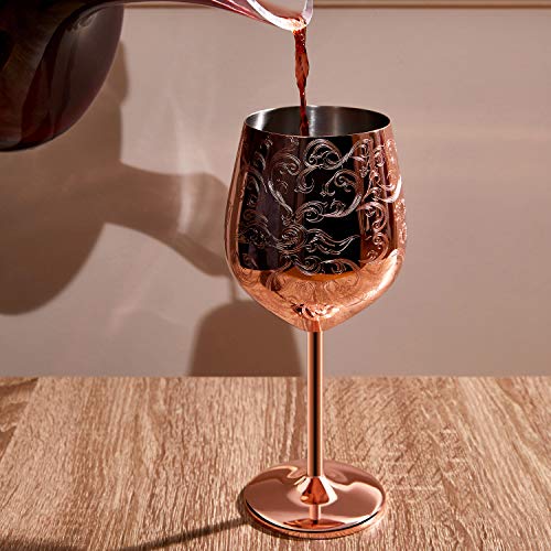 SKY FISH Etched Stainless Steel Wine Glasses With Copper Plated,Set of 2(17oz)