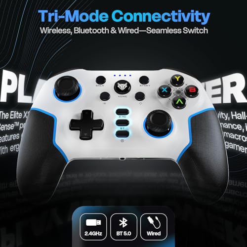 Image of EvoFox Elite X2 Pro Gaming Controller for PC, Android, TV, Switch Tri-Mode -2.4G /BT /Wired Gamepad, HallSense Magnetic Triggers & Joystick, 1000Hz Polling, RGB, Replaceable JoySticks,16h Battery-White