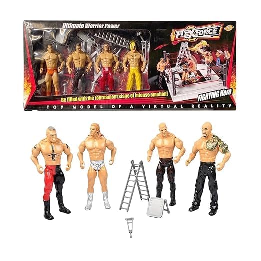 Favrallo Ultimate Warrior Wrestling Action Figures Set - 4 Fighter Toys with Ring & Battle Accessories for Kids, Boys & Girls, Collectible Wrestling Playset