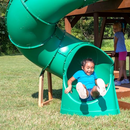 Backyard Discovery Skyfort All Cedar Swing Set, Elevated Covered Wood Roof Clubhouse with Bay Windows, 2 Belt Swings, Web Swing, 10ft Wave Slide, 5 ft Tube Slide, Covered Picnic Table, 5 ft Rock Wall - image 3