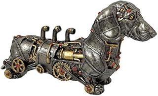 Darthome Ltd Industrial Silver Resin Gothic Steampunk Daschund Sausage Dog Sculpture Ornament 31cm