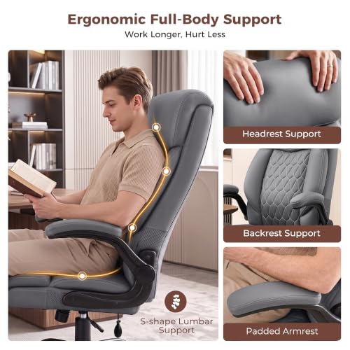 Image of Ergonomic Office Chair with Lumbar Support, Executive Leather Computer Desk Chair with Flip Up Arms & Rocking Function, High Back Big and Tall Comfortable Gaming Chair for Home Office