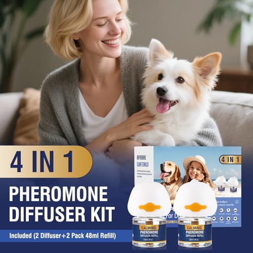 Piuess Pheromone Hund 4 In 1 Kit Dog Diffuser Calming Beruhigender (2 Beruhigung Steckdose +2 Nachfüllflakon) Beruhigungsmittel Zur Reduktion Von äNgstlichem Verhalten Gewitter Feuerwerk Geschmacklos