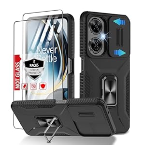 for OnePlus Nord N30 5G Case, [2 Packs] Screen Protector Bulit in Slide Camera Cover and Metal Ring Kickstand Heavy Duty Shockproof Protective Cover for OnePlus Nord N30 5G, Black