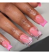 24Pcs Pink Flower Press on Nails Short Square French Tip Fake Nails Colour Rhinestones Design Lux...