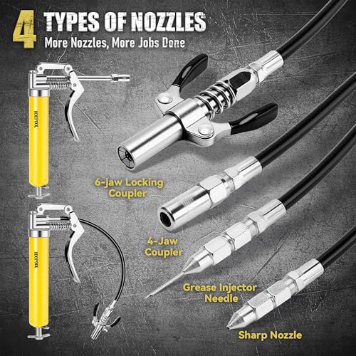 KOOPOOL Mini Grease Gun Kit, 4500 PSI Grease Gun with Upgraded Double-Handle 6-Jaw Lock and Seal Coupler, Includes 3oz Grease Cartridge, Precision Needle Nozzle & 12\" Flex Hose