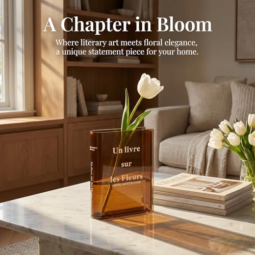 Book Shape Flower Vase - Clear Acrylic, Aesthetic Decoration for Home, Office or Bookcase, Flower Pot, Personalized Gift for Book Lovers (Brown) — view 4