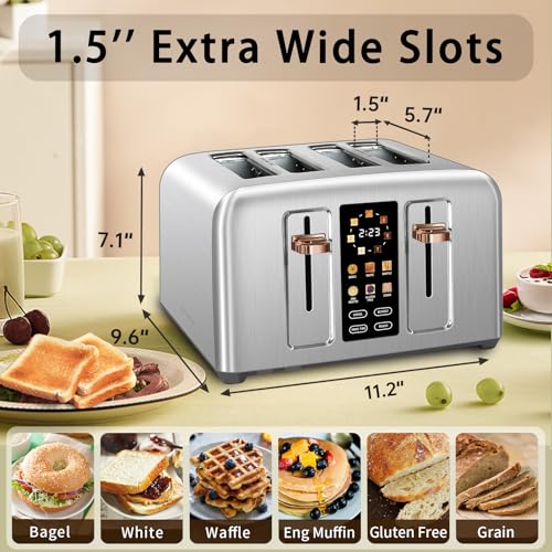 Image of SEEDEEM Toaster 4 Slice, Stainless Toaster & Touch Control, LCD Display, 6 Bread Type, 7 Shade Settings, 1.5'' Wide Slots, Cancel /Defrost /Reheat, Removable Crumb Tray, 1800W, Silver Metallic