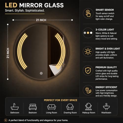 Image of LED Smart Bathroom Mirror with Touch Sensor | 3-in-1 Light Modes - Warm White | Cool White & Natural Light | Office and Home Use (Round, 21x21)