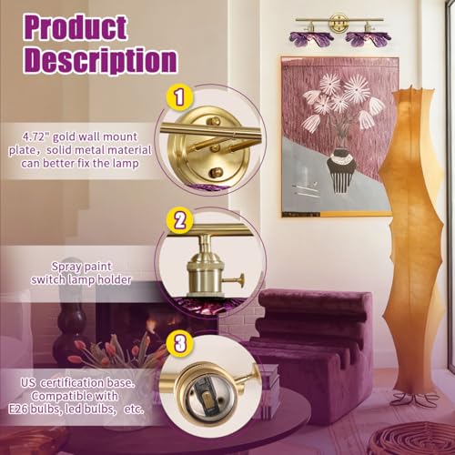 Image of Purple Glass Wall Sconce, 2-Light Gold Bathroom Vanity Lights Over Mirror with Petal Glass Shade, Indoor Art Decor Wall Mount Light for Girl Room Doorway Hallway