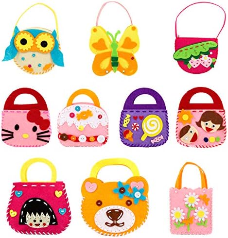 CHENKEE Kids Sewing Kit, 10 pcs Felt Sewing Craft Kit Girls Felt Sewing Craft Kit Lovely Fun Kids Beginner DIY Handbag Kits Tool Bags with Thread and Safety Needle for Children's Art Course Gifts